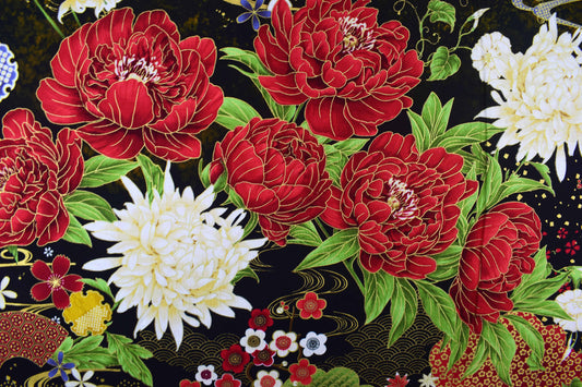 Lotus Garden fabric panel, Japanese Quilting panel - The Quilt Sanctuary