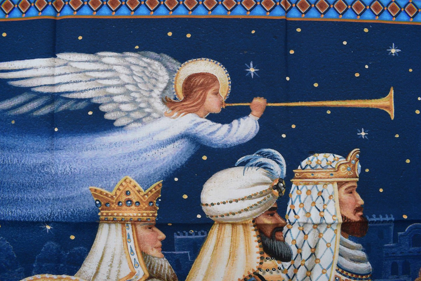 Nativity Scene Christmas Fabric Panel with Wise Men and Angel
