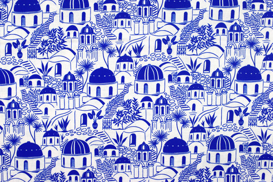 Grecian Blue Santorini Village Cotton Quilting Fabric - Price by Half Metre