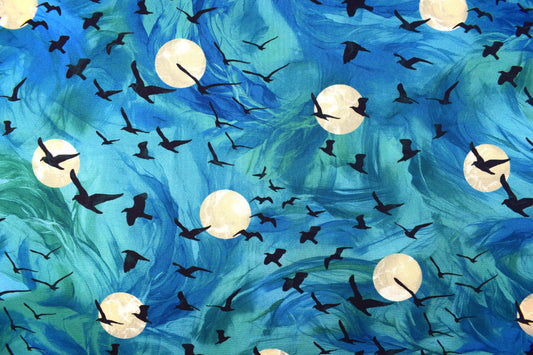 Blue raven fabric with moons for quilting - Price per half Metre - The Quilt Sanctuary
