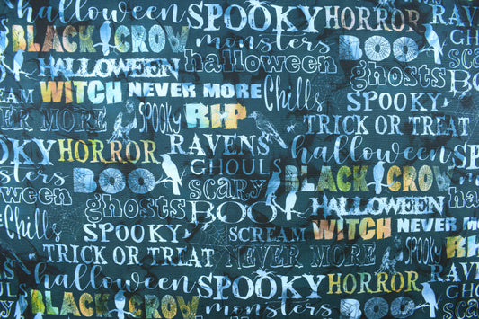 Halloween Ravens and Spooky Sayings Quilting Fabric - Price per half Metre
