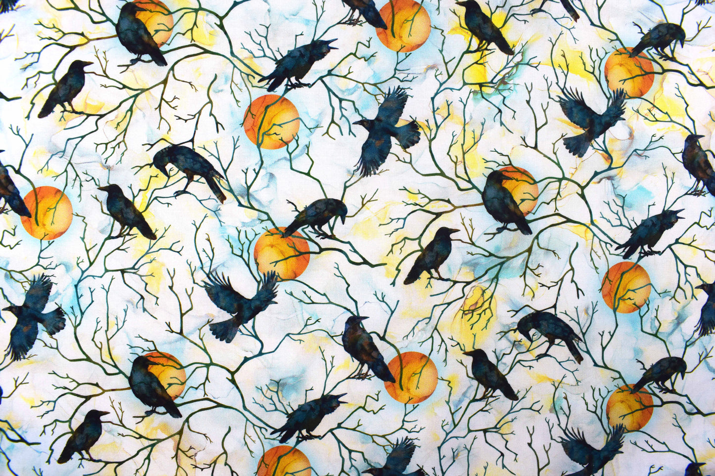 Raven Moon Quilting Fabric - Black Crows & Full Moon Watercolour Cotton - Price per half Metre