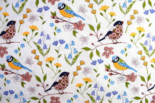 Patchwork birds Quilting fabric, blue tits, cotton fabric -  Price by the Half Metre - The Quilt Sanctuary
