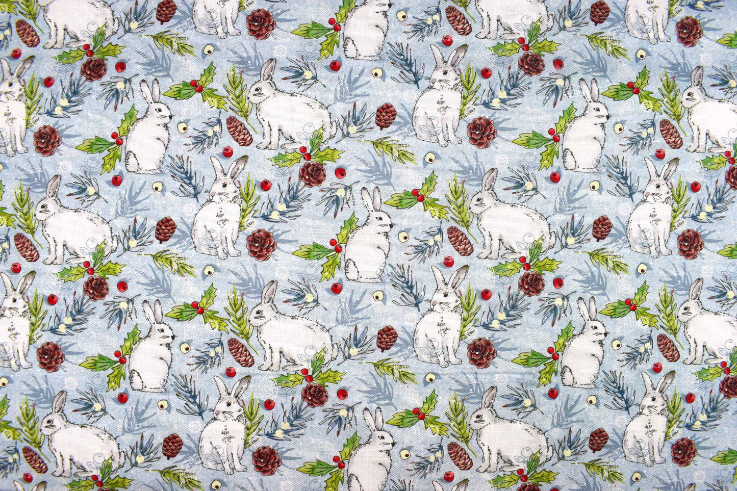 Winter Rabbits Cotton Quilting Fabric – Woodland Christmas Print for Crafts - Price by Half Metre