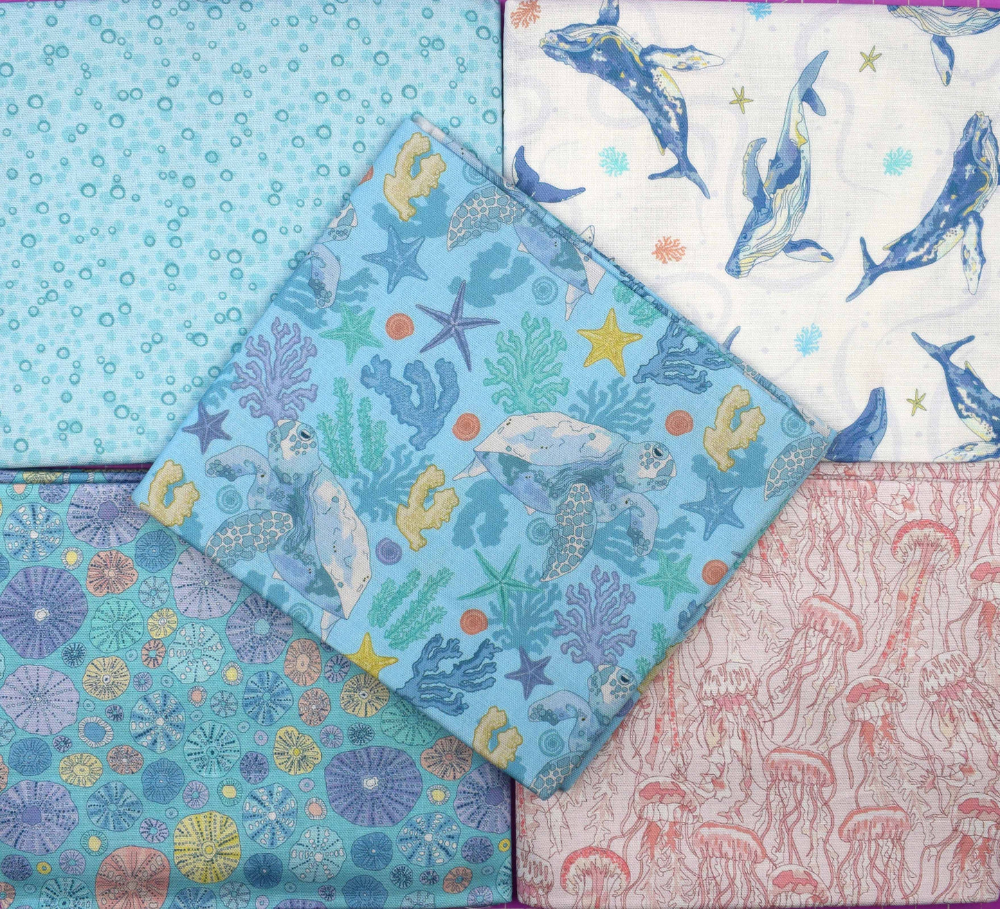 Hidden Tides Sea Life Fat Quarter Bundle – Turtles, Whales, Jellyfish, quilting fabric