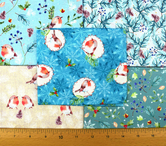 Robin fat Quarter Bundle, cotton quilting fabric, Christmas fabric, Feathered Foliage by Susan Wheeler