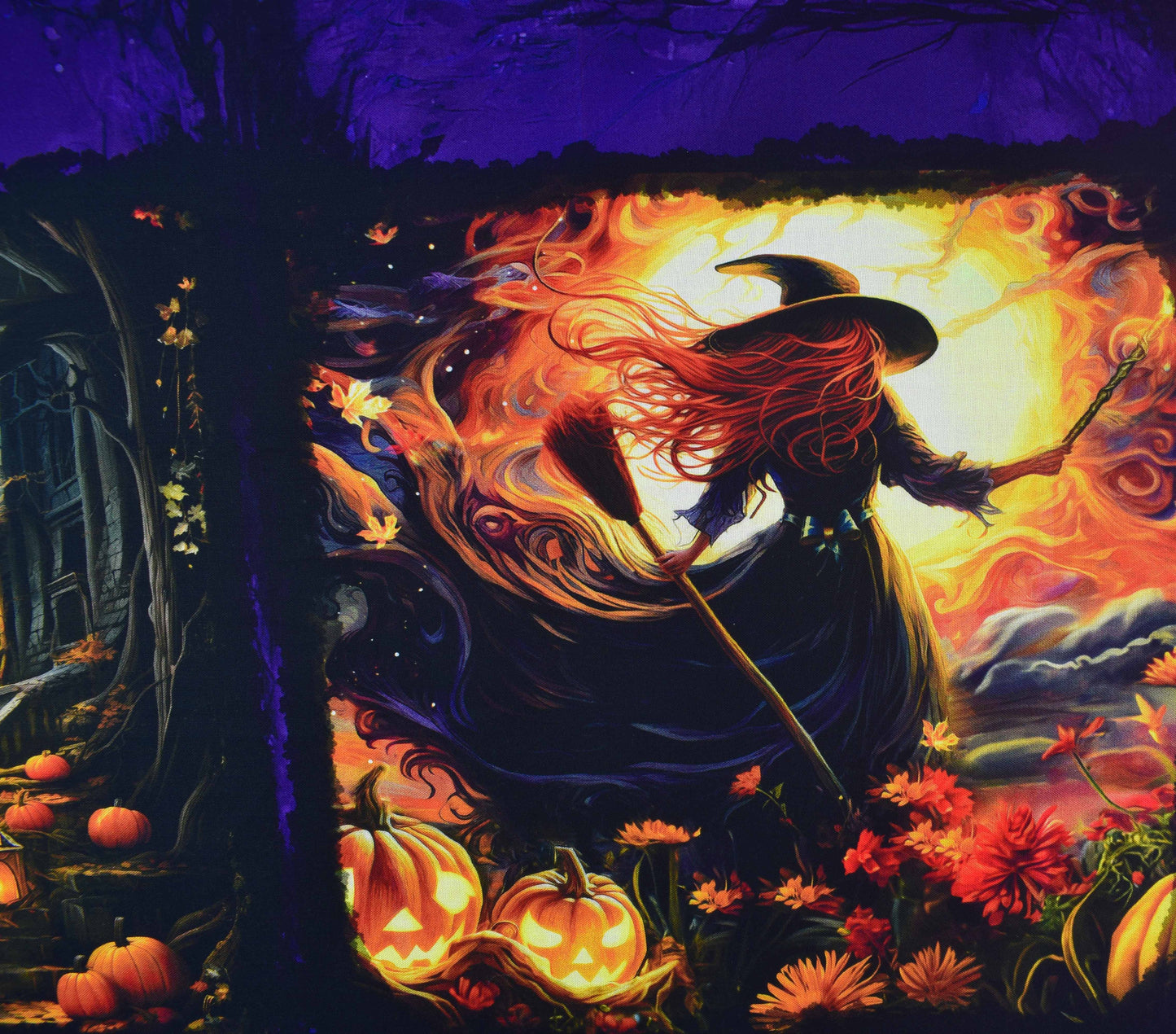 Halloween fabric quilting panel, Cats, Witches and haunted house