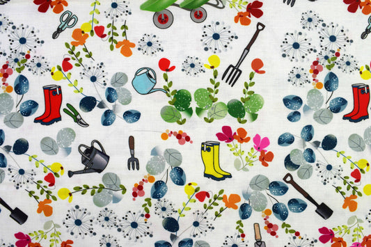 Garden Tools & Flowers Fabric for Quilting and Crafts - Price by Half Metre