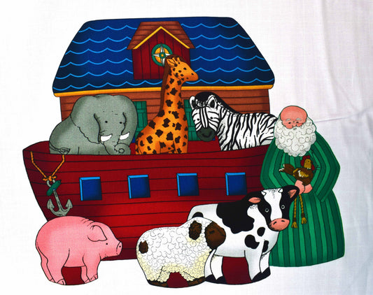 Noah’s Ark fabric panel by QT Fabrics featuring cut-and-sew pieces to create a soft toy ark, Noah, animal pairs including elephants, giraffes, pigs, cows, zebras, and sheep. The panel includes printed instructions and outlines for easy sewing. Designed for DIY craft or toy projects, the panel measures approximately 36" x 44" and is printed on 100% cotton fabric. Ideal for handmade gifts, storytelling, or children's playtime.