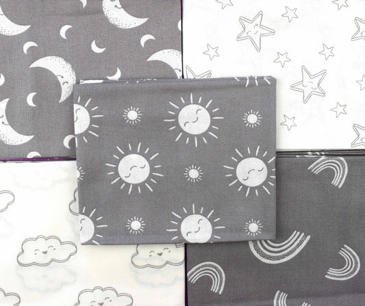 Grey Moon and stars fat Quarter Bundle, childrens fabric, cotton quilting fabric - The Quilt Sanctuary