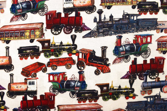 Cream Vintage Toy Trains Cotton Quilting Fabric - Robert Kaufman - Price by Half Metre