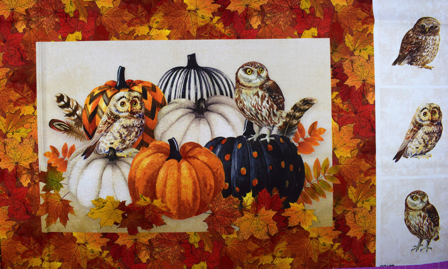 Placemats Panel with Autumn Owl and Pumpkin Fabric for Fall Sewing Projects