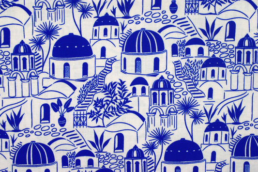Grecian Blue Santorini Village Cotton Quilting Fabric - Price by Half Metre