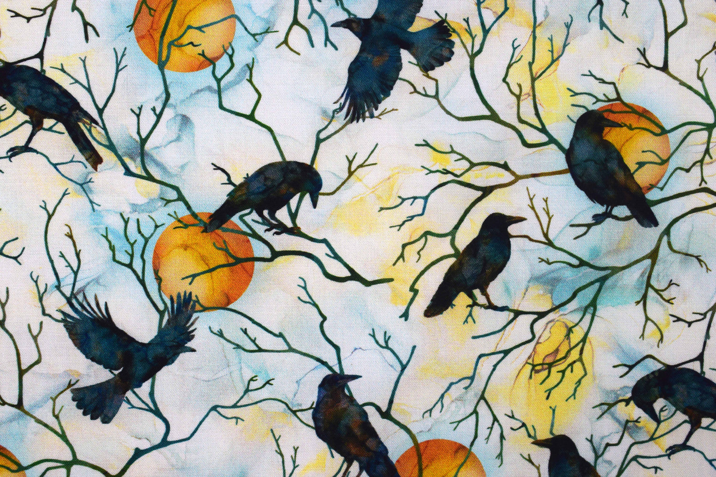 Raven Moon Quilting Fabric - Black Crows & Full Moon Watercolour Cotton - Price per half Metre