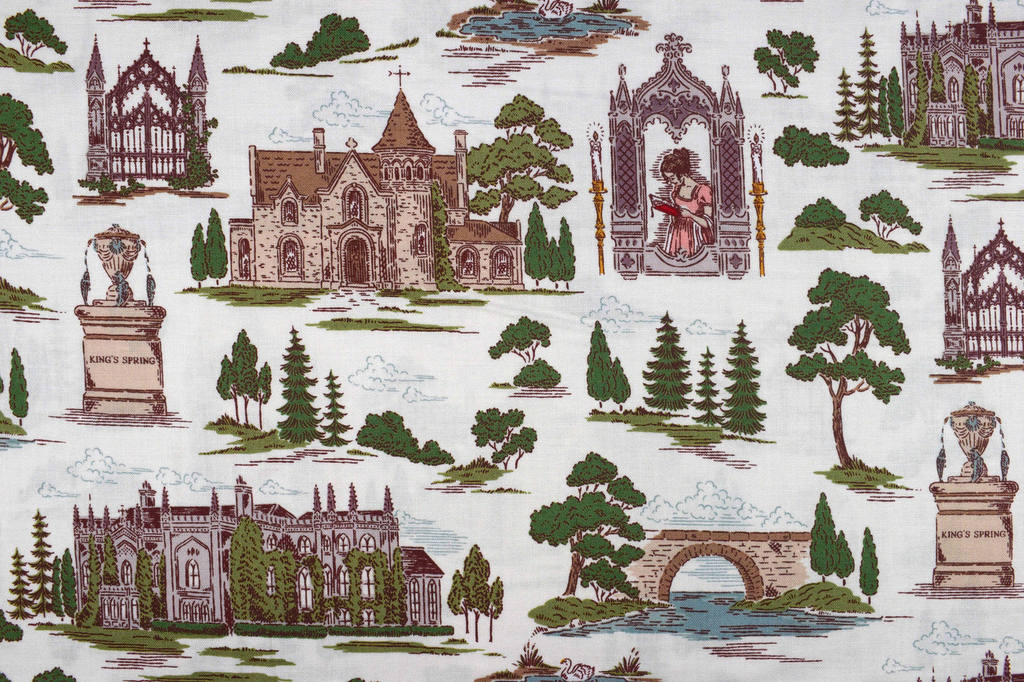 Northanger Abbey cotton fabric with vintage architecture & countryside print - Price by Half Metre