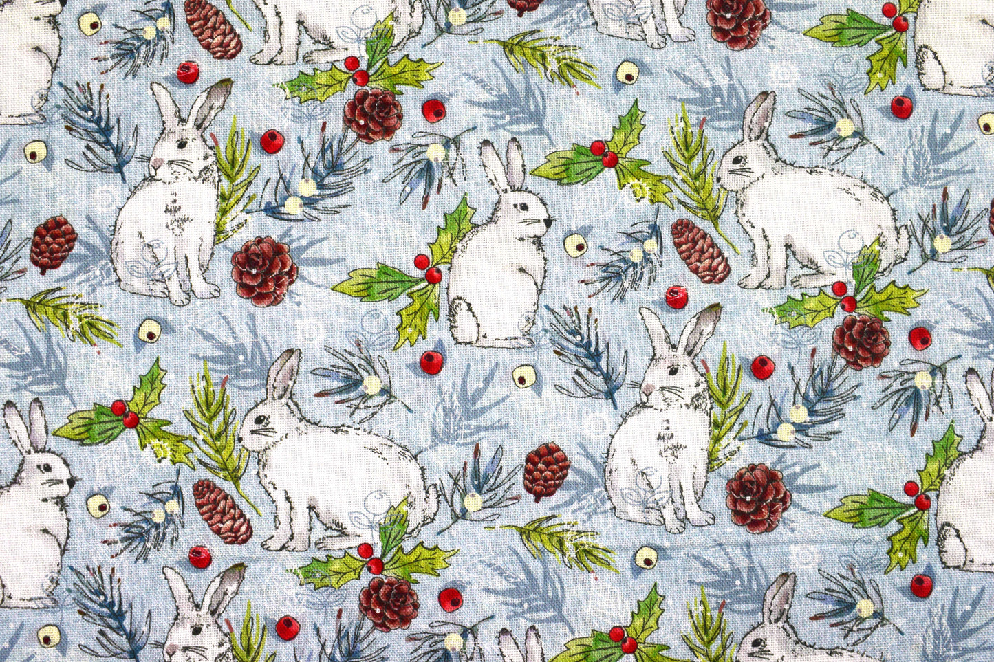 Winter Rabbits Cotton Quilting Fabric – Woodland Christmas Print for Crafts - Price by Half Metre