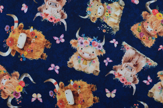 curly Highland cow Cotton Quilting fabric - price by the Half Metre
