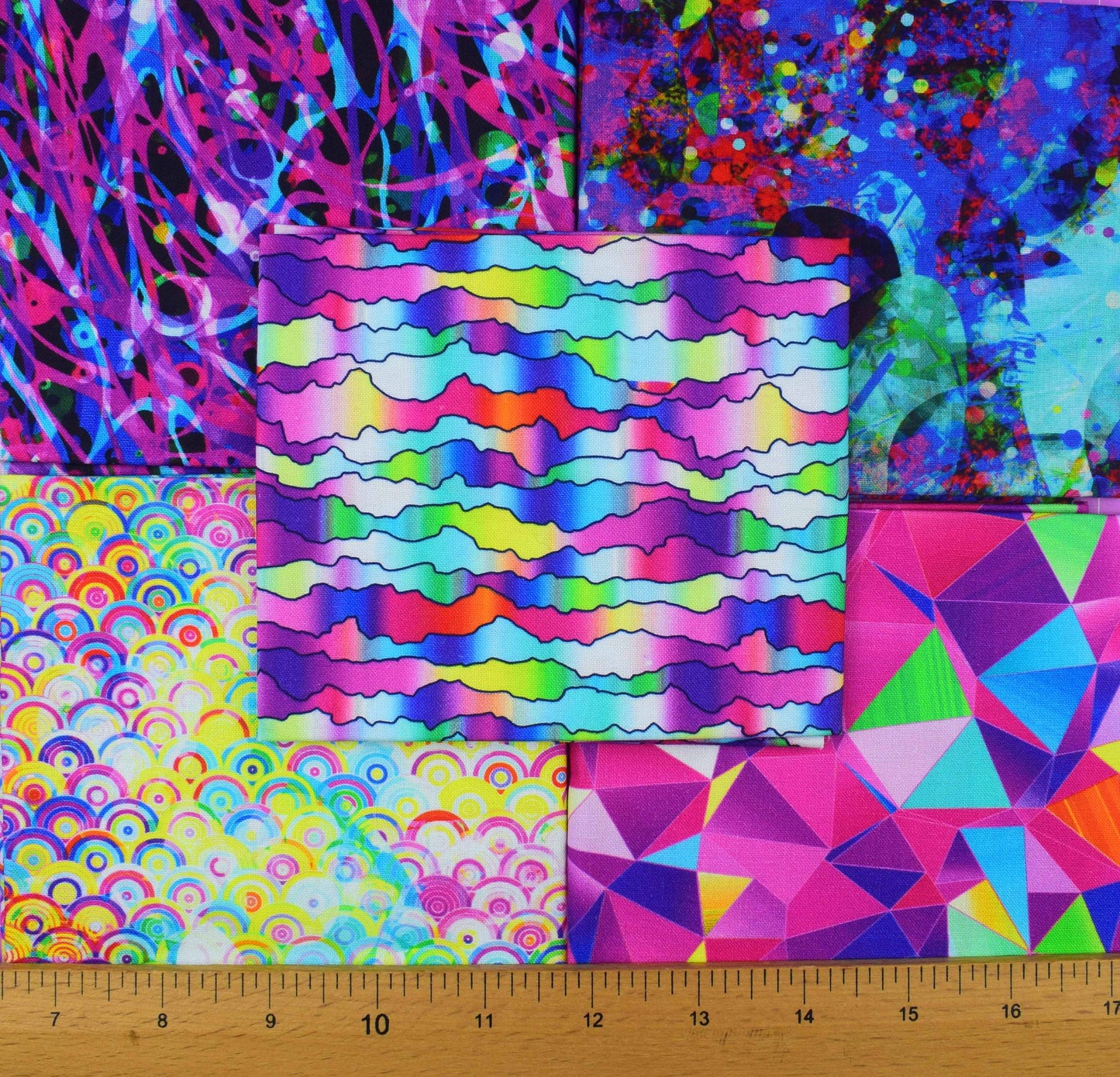 Vibrant Abstract Rainbow Fat Quarter Bundle – Geometric & Wavy Prints