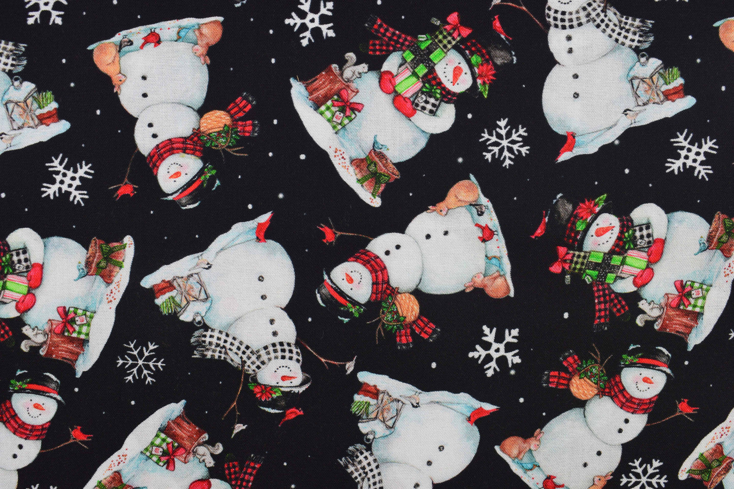Snowman Christmas cotton fabric with gifts, animals and winter accents - Price by Half Metre