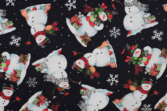 Snowman Christmas cotton fabric with gifts, animals and winter accents - Price by Half Metre - The Quilt Sanctuary