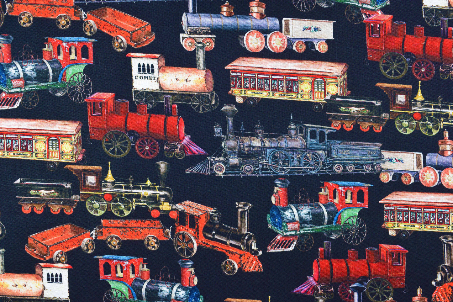 Vintage Toy Trains 100% Cotton Quilting Fabric - Black Background Library of Rarities Robert Kaufman, Price by the Half Metre - The Quilt Sanctuary