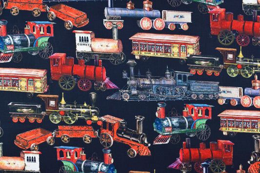 Vintage Toy Trains 100% Cotton Quilting Fabric - Black Background Library of Rarities Robert Kaufman, Price by the Half Metre - The Quilt Sanctuary