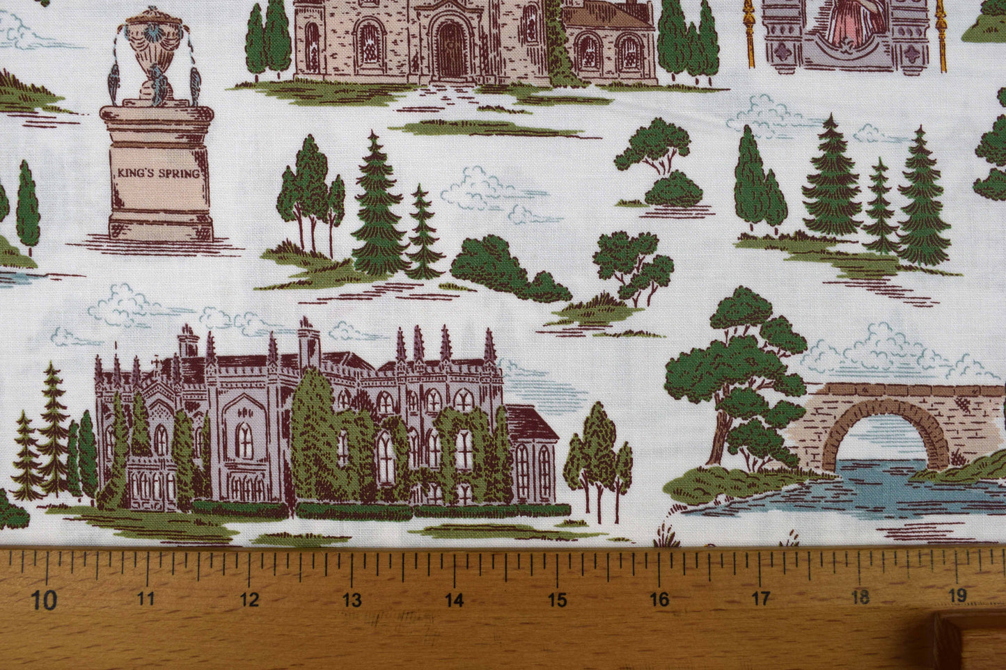Northanger Abbey cotton fabric with vintage architecture & countryside print - Price by Half Metre