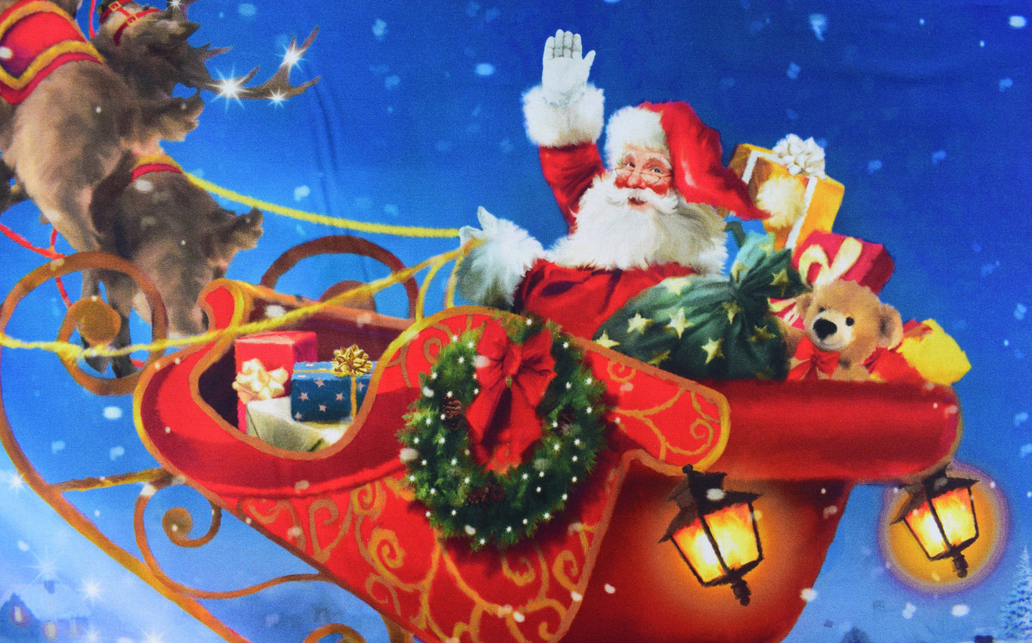Santa's sleigh fabric panel, father Christmas Quilting  panel