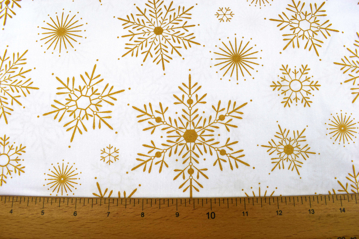 White Snowflake fabric, Christmas Quilting fabric, metallic gold snowflakes - price by the half metre