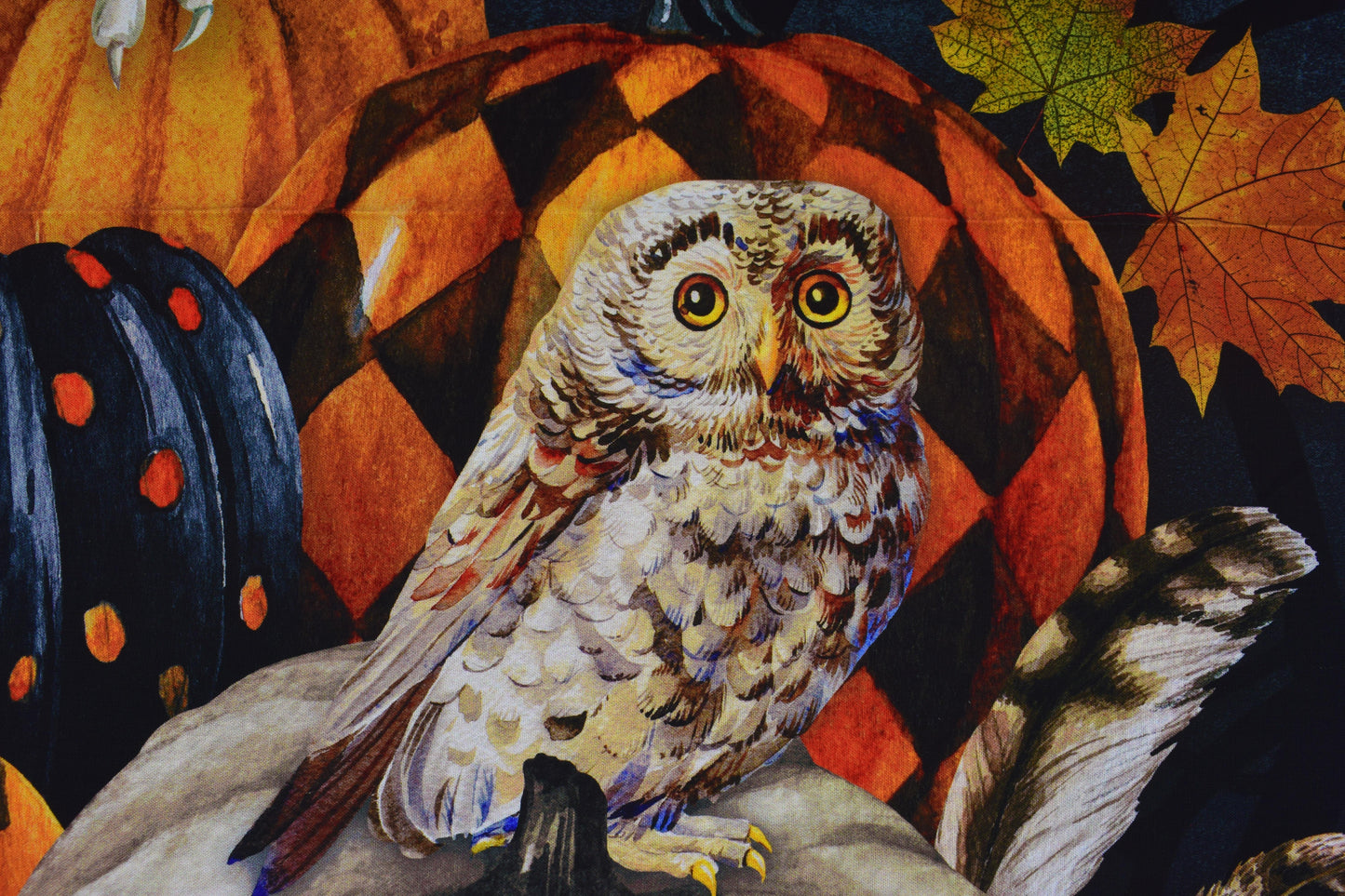 Autumn Owl and Pumpkin Fabric Panel by Deborah Edwards
