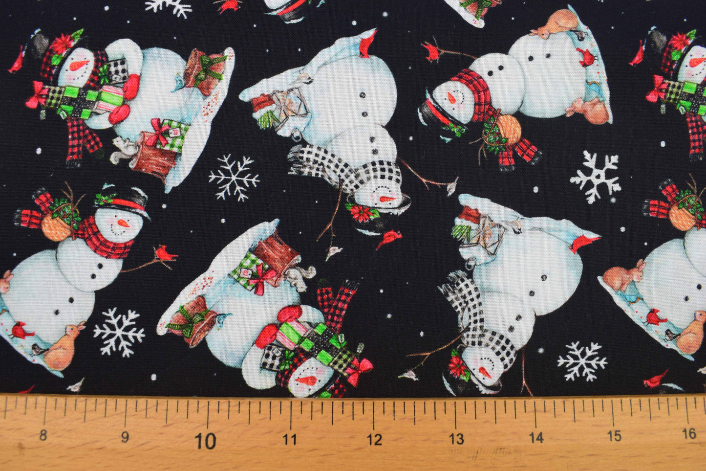 Snowman Christmas cotton fabric with gifts, animals and winter accents - Price by Half Metre