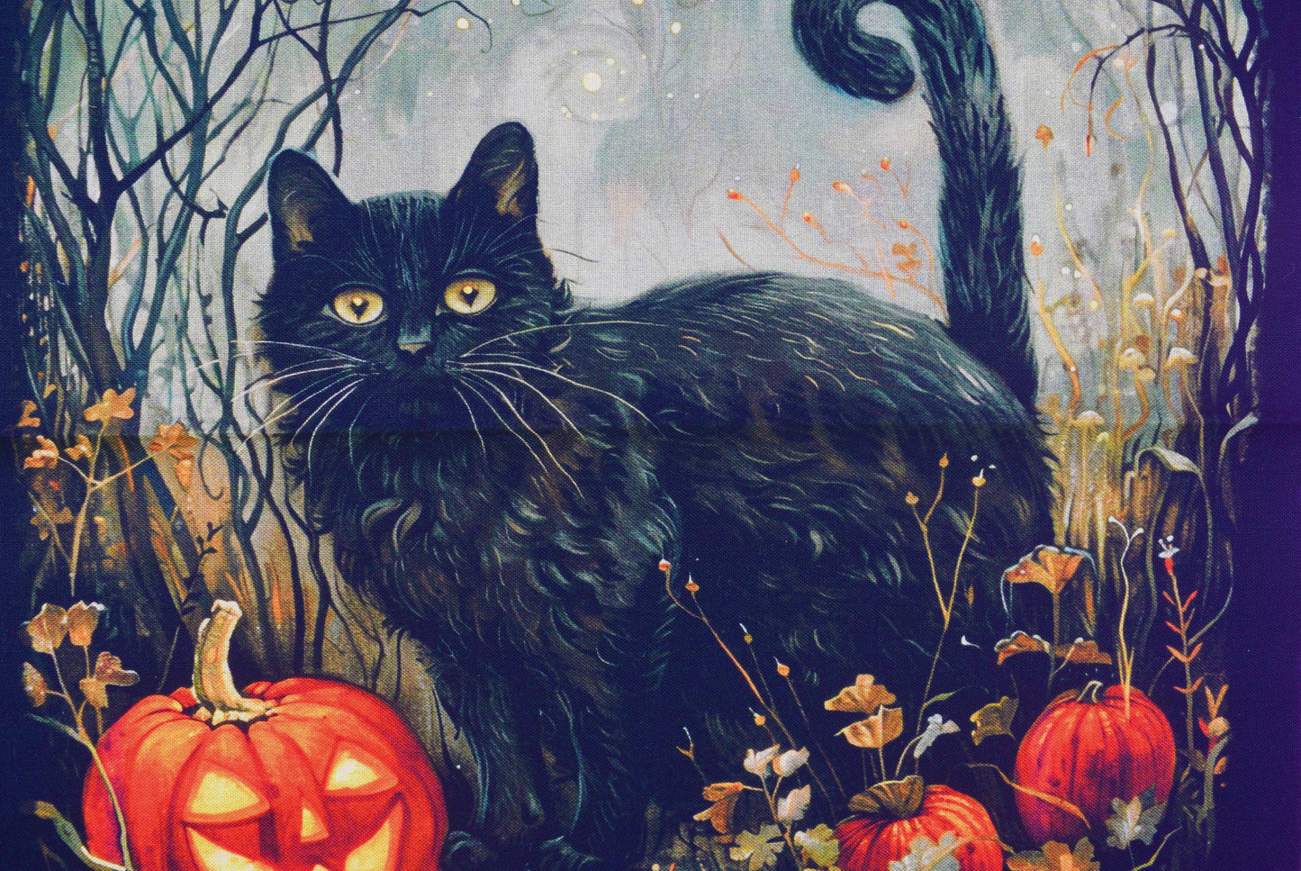 Halloween fabric quilting panel, Cats, Witches and haunted house