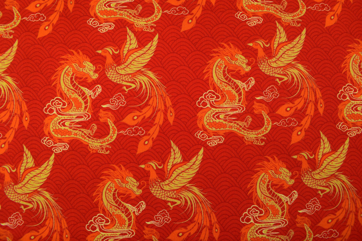 Dragon and Phoenix Quilting Fabric Red Gold Asian Mythical Design -  Price by the Half Metre