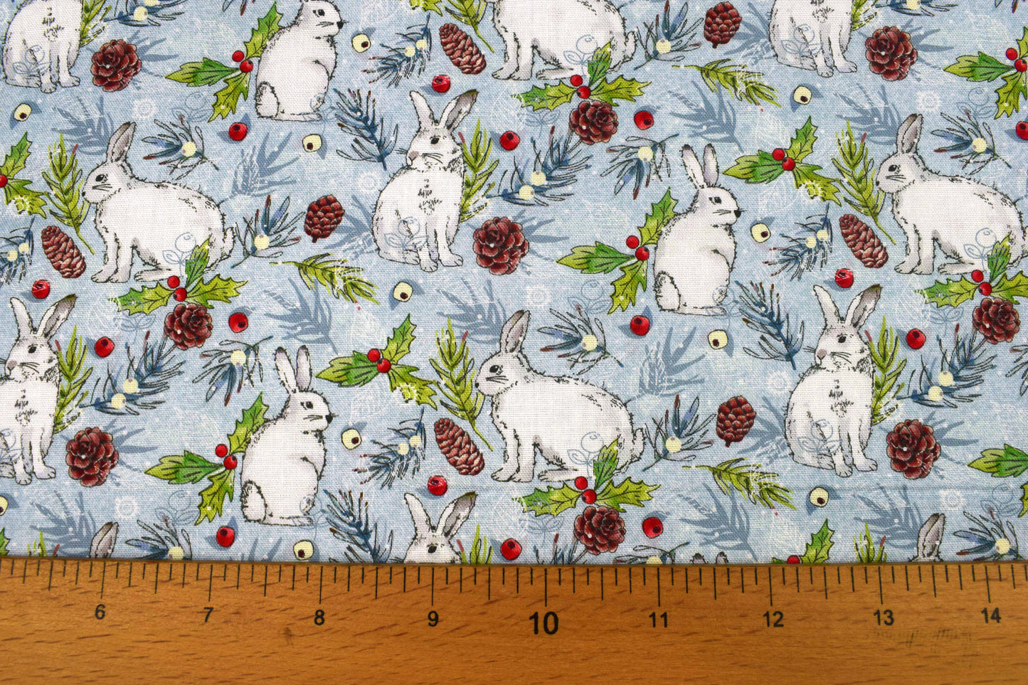 Winter Rabbits Cotton Quilting Fabric – Woodland Christmas Print for Crafts - Price by Half Metre