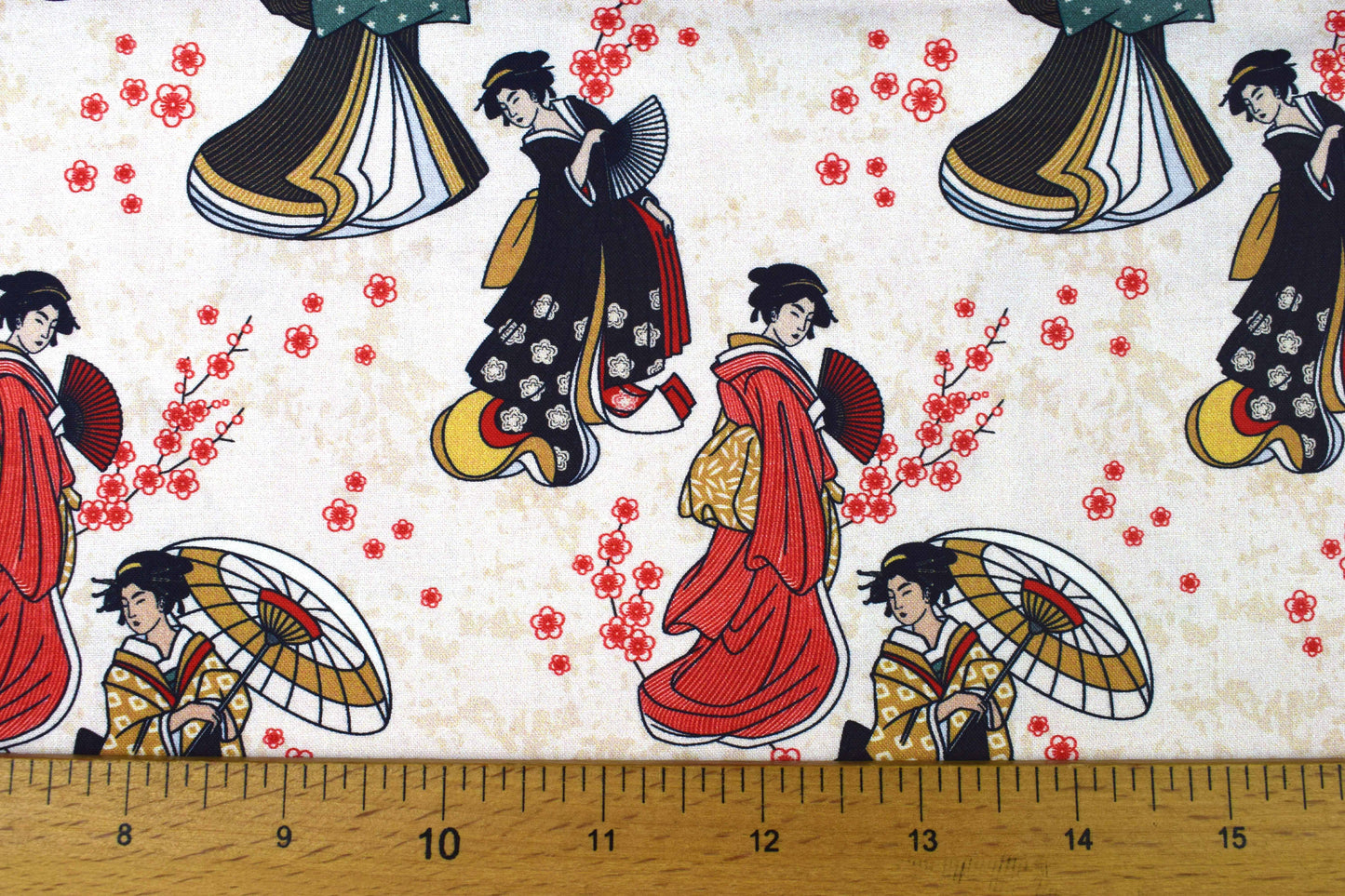 Cream Japanese Geisha Quilting fabric, cotton fabric, Kimono and Koi -  Price by the Half Metre