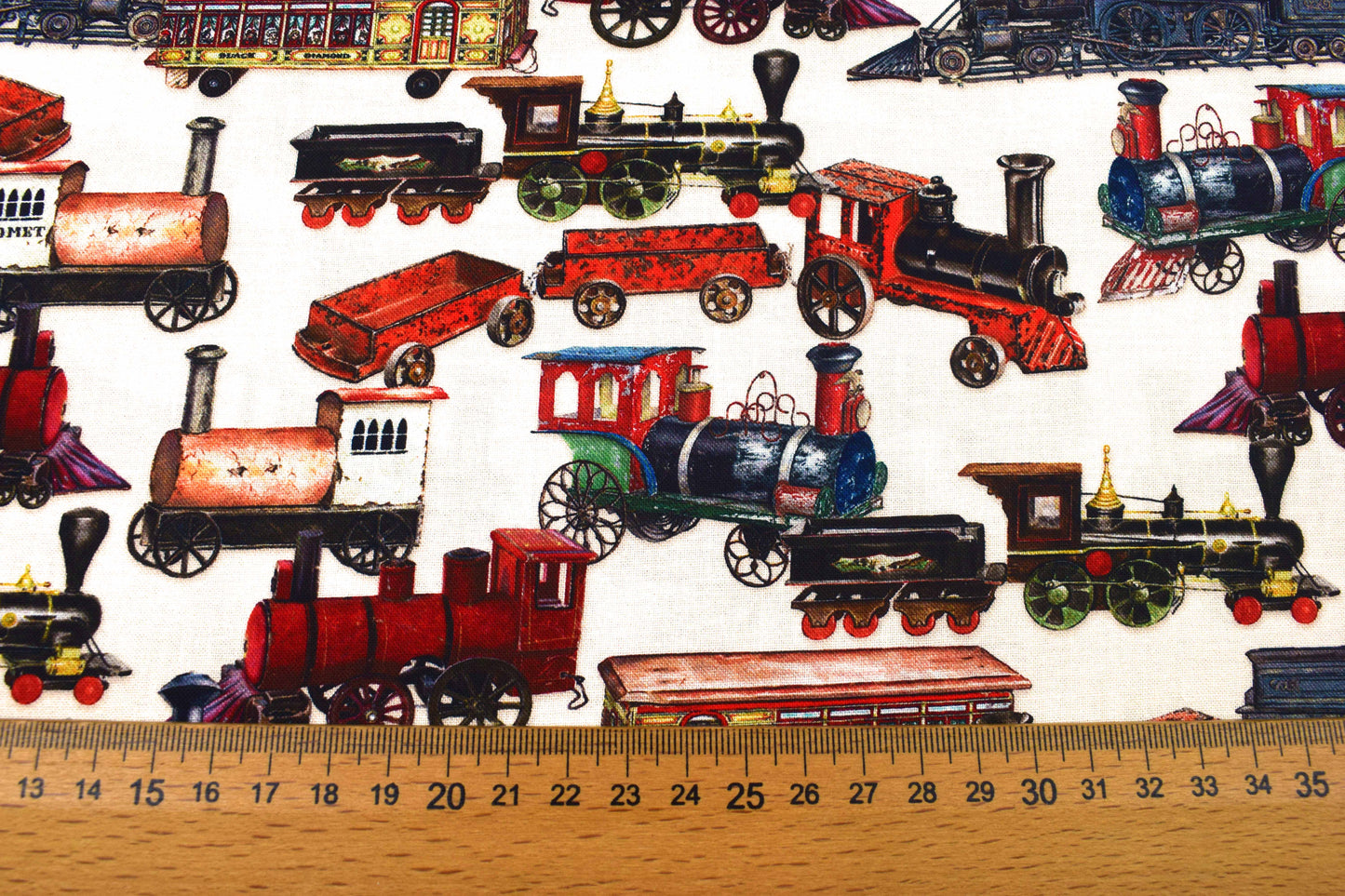 Cream Vintage Toy Trains Cotton Quilting Fabric - Robert Kaufman - Price by Half Metre