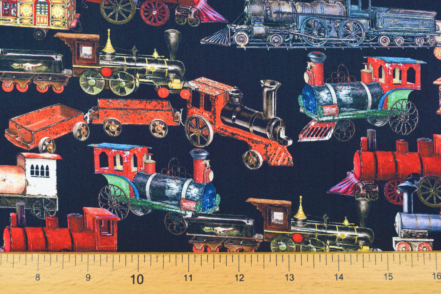 Vintage Toy Trains 100% Cotton Quilting Fabric - Black Background Library of Rarities Robert Kaufman, Price by the Half Metre - The Quilt Sanctuary
