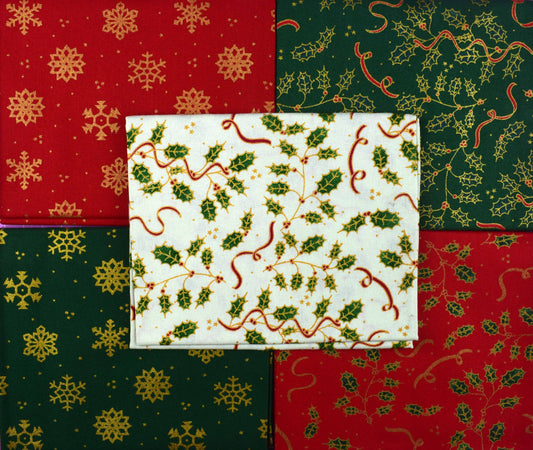 Holly and snowflakes Fat Quarter Bundle, Quilting Fabric, Cotton Christmas Fabric