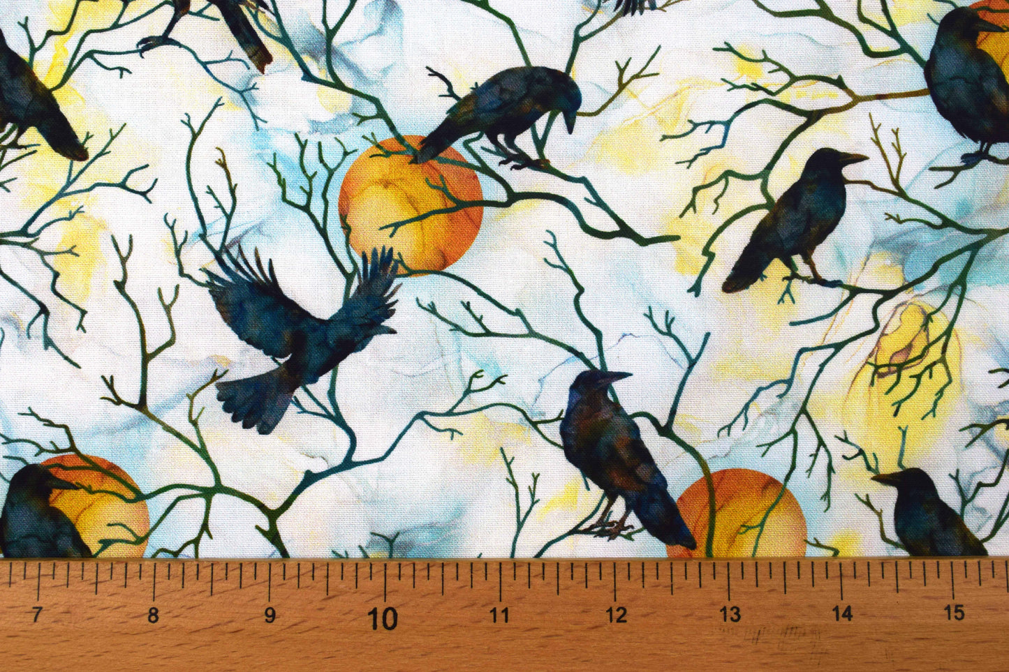 Raven Moon Quilting Fabric - Black Crows & Full Moon Watercolour Cotton - Price per half Metre