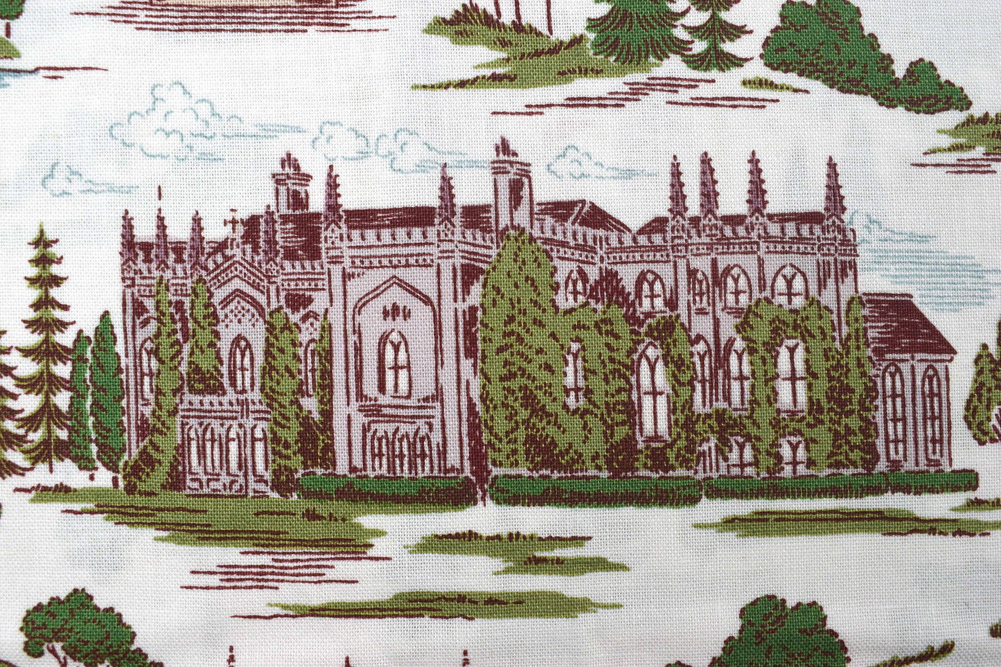 Northanger Abbey cotton fabric with vintage architecture & countryside print - Price by Half Metre