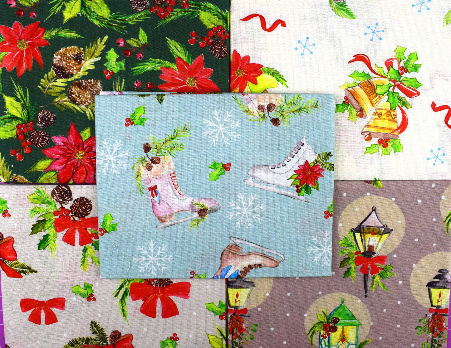 Ice Skating Fat Quarter Bundle, Quilting Fabric, Cotton Christmas Fabric,