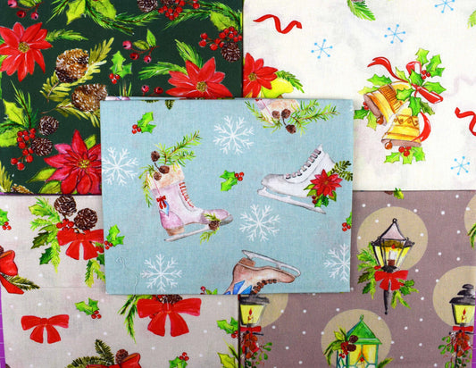 Ice Skating Fat Quarter Bundle, Quilting Fabric, Cotton Christmas Fabric,