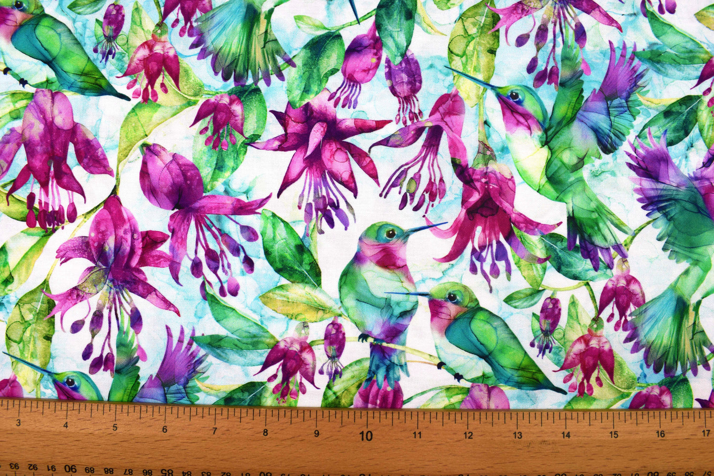 Hummingbird Quilting fabric, Watercolour style print - Price by the Half Metre - The Quilt Sanctuary
