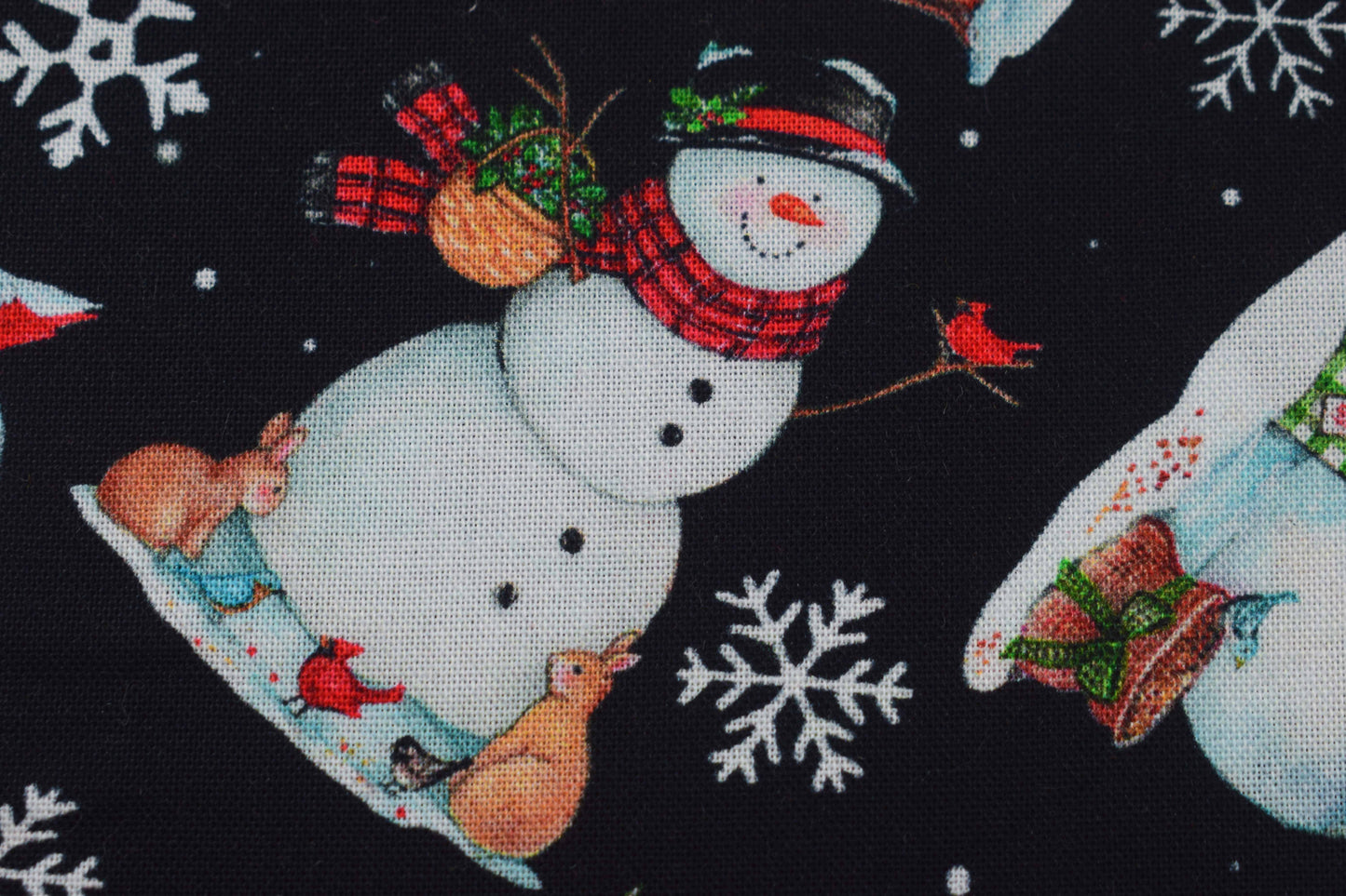 Snowman Christmas cotton fabric with gifts, animals and winter accents - Price by Half Metre