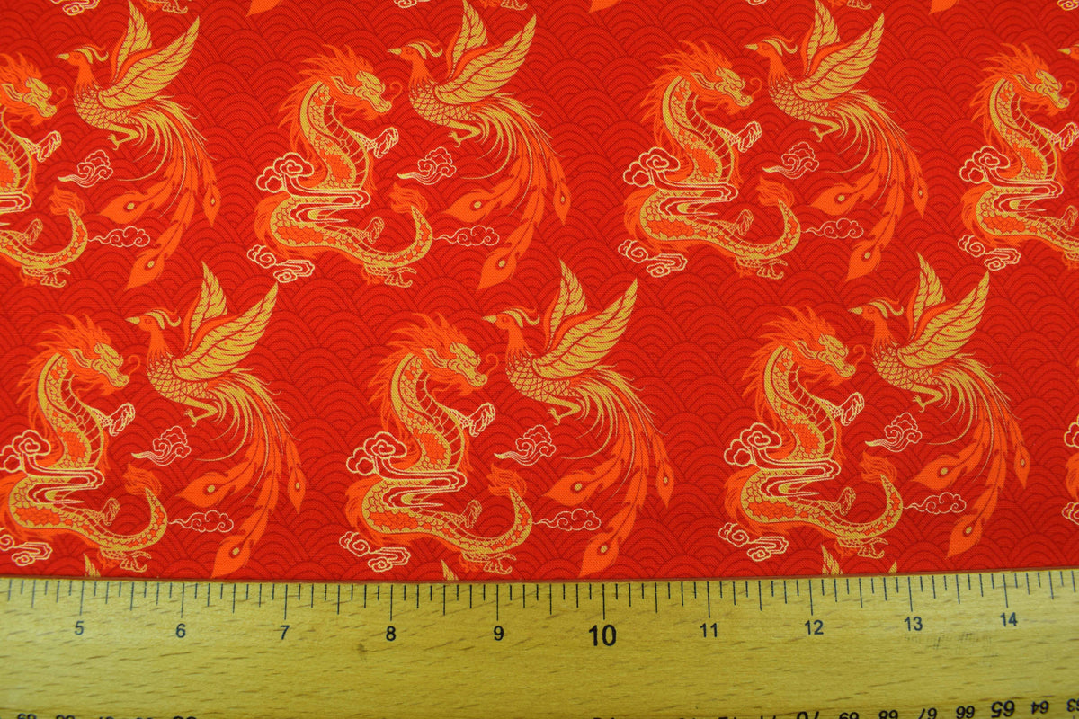 Dragon and Phoenix Quilting Fabric Red Gold Asian Mythical Design -  Price by the Half Metre