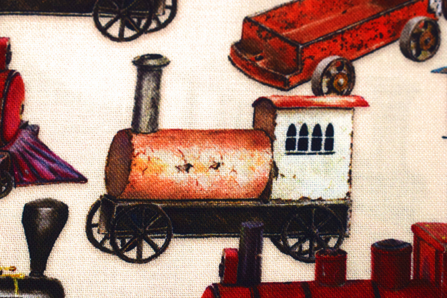 Cream Vintage Toy Trains Cotton Quilting Fabric - Robert Kaufman - Price by Half Metre