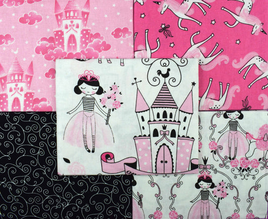 Princess Bella Fat Quarter Bundle made up of 5 Quarters of 100% cotton quilting fabric Each pack has Five different designs  Each fat quarter is 18" by 21". The fabric bundle is ideal for quilting and craft projects  NB, bundle will packed in the most cost effective way, so may be removed from its wrapper  We also offer a bespoke long arm quilting service to finish those quilt tops. We offer edge-to-edge with a wide choice of patterns and a basting service via our website www.thequiltsanctuary.co.uk