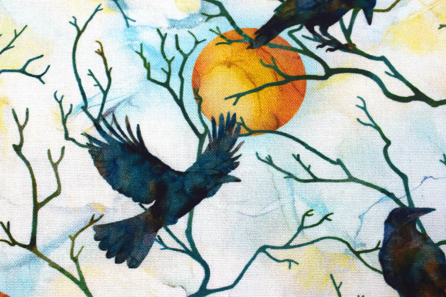 Raven Moon Quilting Fabric - Black Crows & Full Moon Watercolour Cotton - Price per half Metre
