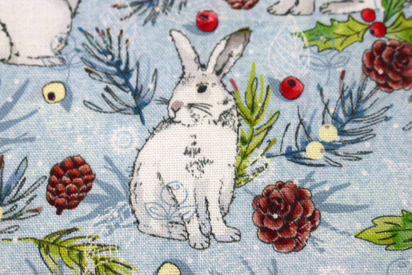 Winter Rabbits Cotton Quilting Fabric – Woodland Christmas Print for Crafts - Price by Half Metre