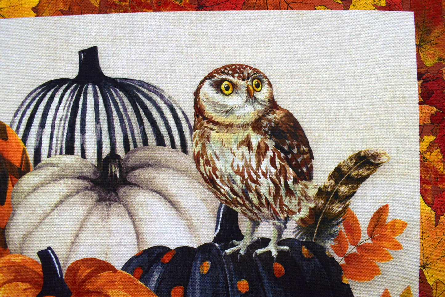 Placemats Panel with Autumn Owl and Pumpkin Fabric for Fall Sewing Projects